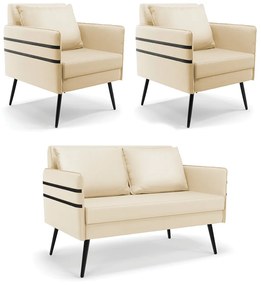 Kit 01 Namoradeira 02 Lugares e 02 Poltronas Mari Corino Bege Pés Palito de Ferro