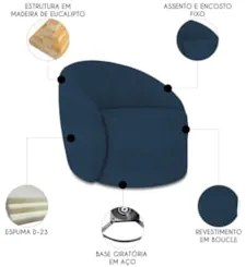 Poltrona Sala Giratória Redonda 91cm Steve Boucle Azul  I01  - Mpozena