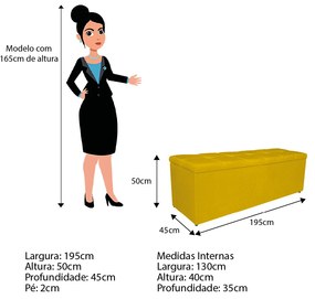 Calçadeira Estofada Manchester 195 cm King Size Suede Amarelo - ADJ Decor