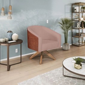 Poltrona Luiza Base Giratória de Madeira Corano Nozes e Linho Rosê - ADJ Decor