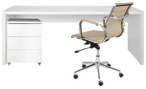 Conjunto Bancada Contemporânea 1,80cm - Branco + Módulo Contemporâneo 3 Gavetas – Branco + Cadeira de Escritório Noruega - Cobre