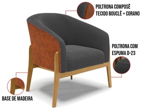 Poltrona e Puff Decorativo Base Madeira Stella PU Nozes/Bouclê D03 - D'Rossi - Grafite