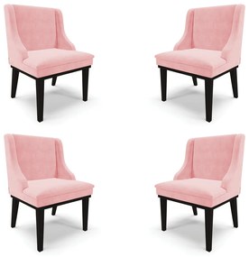 Kit 4 Cadeiras Decorativas Sala de Jantar Base Fixa de Madeira Firenze Suede Rosa Bebê/Preto G19 - Gran Belo