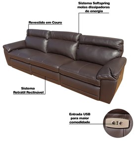 Sofá 3 Lugares Reclinável Elétrico Jotta 306cm Couro Marrone G43 - Gran Belo