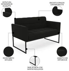 Sofá Namoradeira e 2 Poltronas Base Industrial Preto Ana Suede Preto -