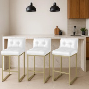 Banqueta Cozinha Alta com Encosto Industrial Kit 3 Champanhe Lirina PU Branco C05 - D'Rossi