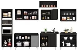 Armário de Cozinha Modulada de Canto 8 Peças CP01 Balcão Preto/Cinza -
