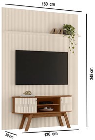 Painel TV 65 Pol 179cm Ripado Valen e Rack Bancada Rylan M20 - D'Rossi - Naturale(fosco)/Off White(brilho)
