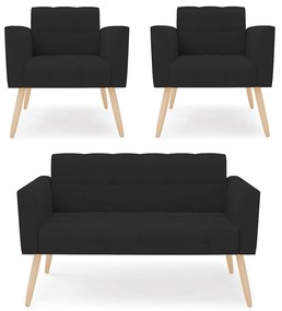 Kit 1 Sofá Namoradeira e 2 Poltronas Elisa Veludo Pés Palito Natural - D'Rossi - Preto
