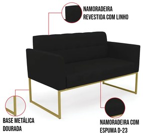 Kit 1 Sofá Namoradeira e 1 Poltrona Elisa Linho Base Metálica Industrial Dourado D03 - D'Rossi - A79 Preto