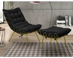 Puff Decorativo Sala de Estar Abel Pés Dourado Veludo Preto G41 - Gran Belo
