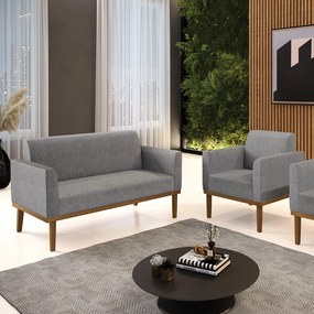 Conjunto Poltrona e Namoradeira Decorativa Isabella Pés Fixo em Madeira Castanho Linho Cinza Mesclado G19 - Gran Belo