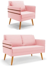 Kit 01 Namoradeira 02 Lugares e 01 Poltrona Mari Suede Pés Palito Castanho - D'Rossi - Rosa Bebê