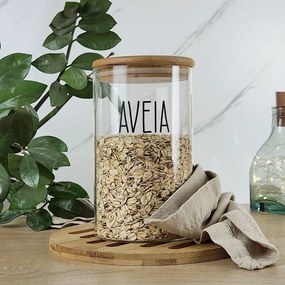 Pote de Vidro e Tampa de Bambu com Etiqueta