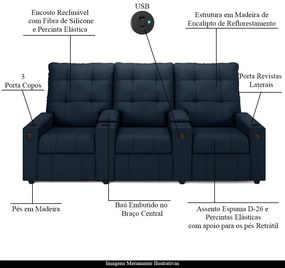 Poltrona do Papai Reclinável Sala de Cinema Movie 3 Lugares Manual Baú USB Veludo Azul