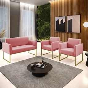Sofá Namoradeira com 2 Poltronas Base Industrial Dourado Marisa Suede D03 - D'Rossi - Rose