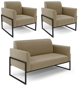 Sofá Namoradeira com 2 Poltronas Base Industrial Alta Preto Marisa Suede D03 - D'Rossi - Marrom Rato