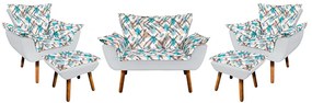 Kit 01 Namoradeira com 02 Poltronas e 02 Puffs Opala Composê Suede com Estampado Traçado Azul D33 Pés Palito Castanho - Cinza