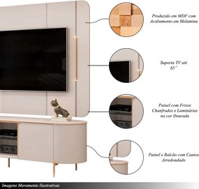 Painel e Bancada TV 65" 2 Portas Deep Luminárias Douradas Pés Metálicos OffWhite G18 - Gran Belo