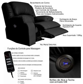 Poltrona do Papai Reclinável Elétrica com Massagem e USB Magnum PU Sintético Preto G23 - Gran Belo