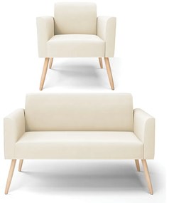 Sofá Namoradeira com Poltrona Pés Palito Natural Marisa Veludo D03 - DRossi - Bege