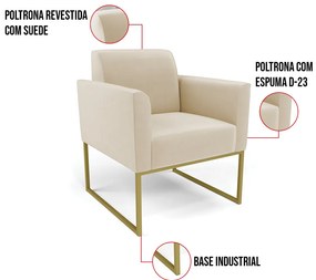 Kit 2 Poltronas Base Industrial Dourado Marisa Suede - Bege