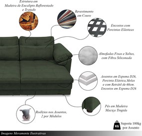 Sofá Retrátil Manual Sala de Estar Nolan Bipartido 250cm Conforto Premium em Couro Verde Manchado G58 - Gran Belo