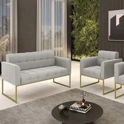Sofá Namoradeira e 1 Poltrona Base Industrial Dourado Ana Veludo Cinza