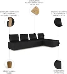 Sofá 4 Lugares Com Chaise 296cm Rovier Sintético Preto Z32 - Mpozenato