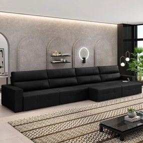 Sofá Retrátil 8 Lugares 524cm 4 Módulos Nero com USB Couro Preto G52 - Gran Belo