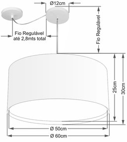 Lustre Pendente Cilíndrico Com Desvio Md-4318 Cúpula em Tecido 60x30cm Algodão Crú - Bivolt