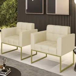 Poltrona Base Industrial Dourado Kit 2 Ana Veludo Luxo Off White - Ibi