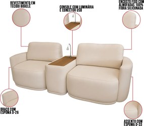 Sofá Sala Modulado 211cm com Console USB Luminária Brumma Bouclê K01 - D'Rossi - Bege