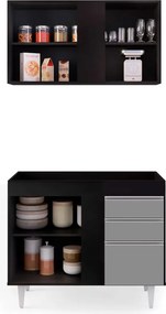 Kit Armário Aéreo e Balcão de Cozinha Lavanderia Aurora sem Tampo 100cm L06 - D'Rossi - Preto e Cinza