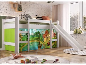 Cama Infantil Elevada com Escorregador Cortina Fazendinha