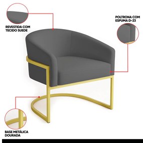 Poltrona Sala Decorativa Industrial Dourada Kit 2 Arielle Suede - Grafite