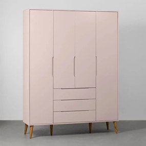 Guarda-Roupa Elfe 4 Portas e 3 Gavetas com Pés Retrô Mel - Rosa Fosco
