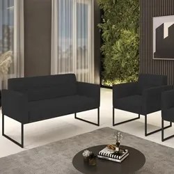 Sofá Namoradeira e 1 Poltrona Base Industrial Preto Ana Veludo Preto -