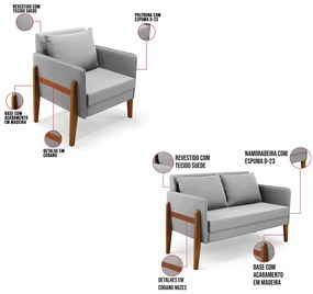 Kit 1 Sofá Namoradeira e 2 Poltronas Lana Suede Base de Madeira D03 - D'Rossi - Cinza