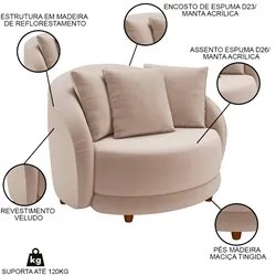 Poltrona Decorativa para Sala 122cm Pés Madeira Kaly M22 Veludo Bege -
