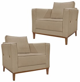 Kit 2 Poltronas Decorativas Pés em Madeira Tarantino Linho Bege G63 - Gran Belo