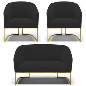 Namoradeira e 2 Poltronas Industrial Dourado Stella Veludo D03 - D'Rossi - Preto