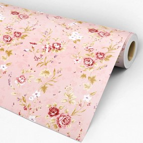 Papel de Parede Floral Listrado Rosa Vermelha Marrom e Roxo 0.52m x 3.00m