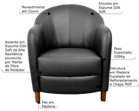 Kit 4 Poltronas Decorativas Sala de Estar Pés Madeira Kairós Couro Preto G03 - Gran Belo
