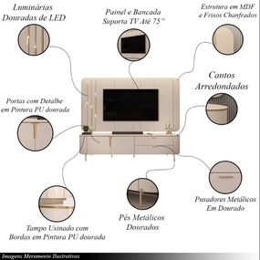 Painel com Bancada Celine Pés Metalicos em Dourado 241cm com LED Off White G18 - DJ Móveis