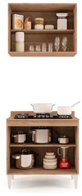Kit Armário Aéreo e Balcão para Cooktop de Cozinha 02 Portas Diana 80 cm L06 - D'Rossi - Castanho e Preto