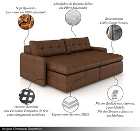 Sofá Retrátil Bipartido Sala de Estar Belém 224cm Couro Caramelo Manchado G52 - Gran Belo
