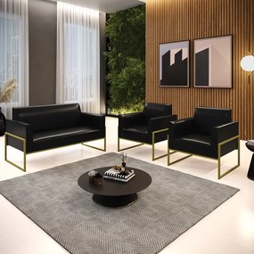 Sofá Namoradeira com 2 Poltronas Base Industrial Alta Dourado Marisa Corano D03 - D'Rossi - Preto