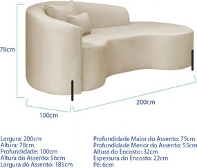 Divã Recamier Curvo Sala de Estar Recepção Inglaterra 180cm Pés Metal Preto Lado Direito Bouclé