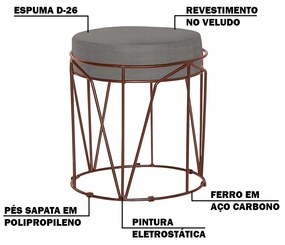 Puff Decorativo Sala de Estar Base Bronze Chloe Veludo Cinza G41 - Gran Belo
